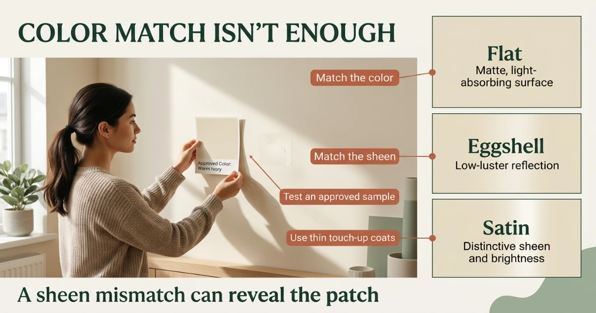 Person comparing a small paint sample card against an apartment wall to match touch-up paint sheen