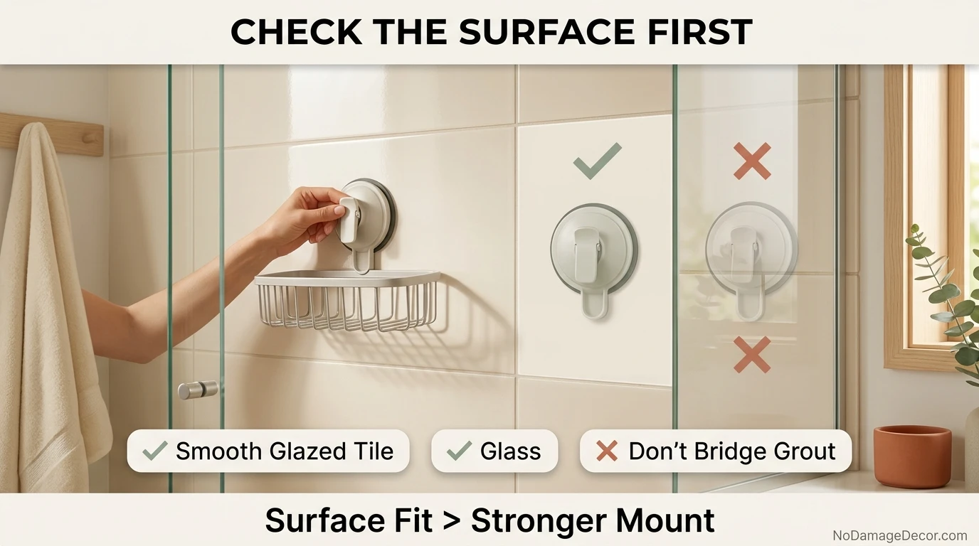 Renter checking smooth shower tile and grout before installing a no-drill shower caddy