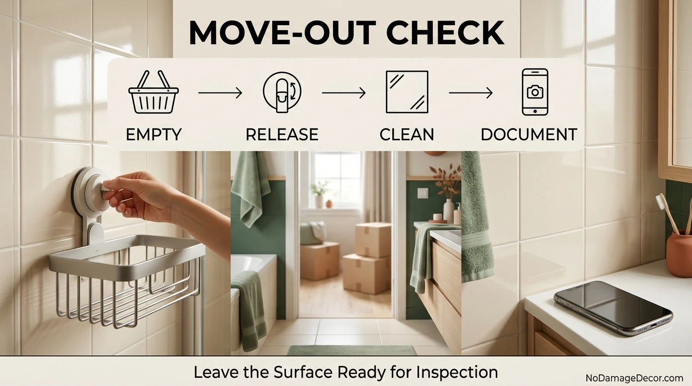 Renter removing a no-drill shower caddy carefully before move-out and checking the tile surface