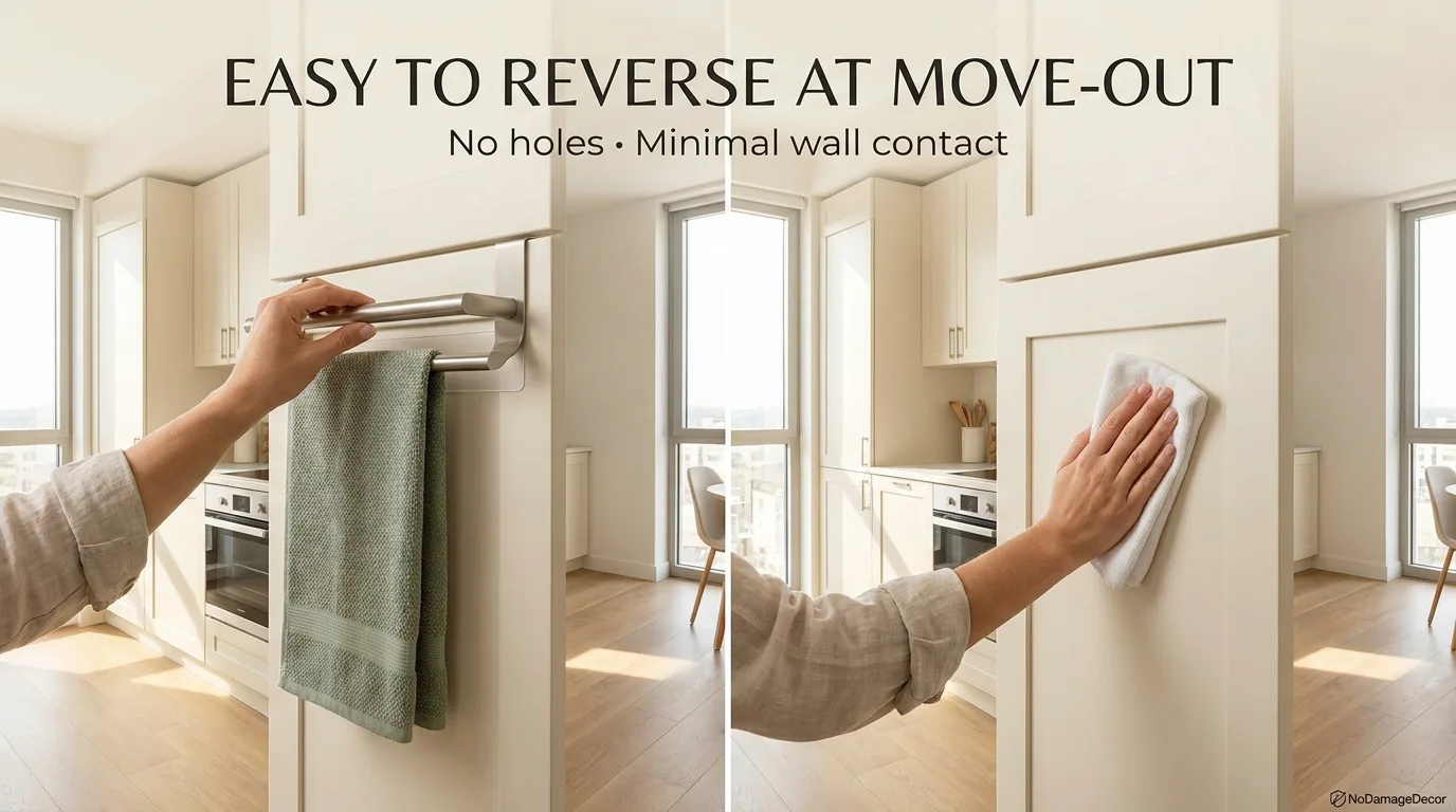 Renter removing an over-cabinet towel bar from a kitchen cabinet door at move-out.
