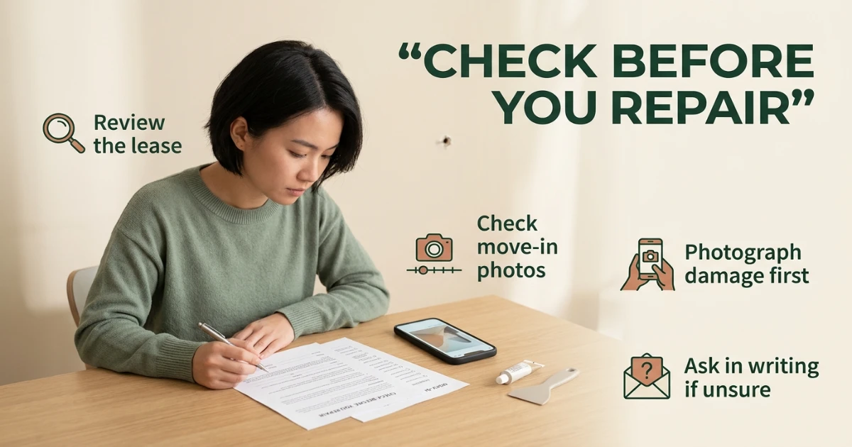 Renter reviewing lease document at a small apartment desk with a wall repair patch kit nearby