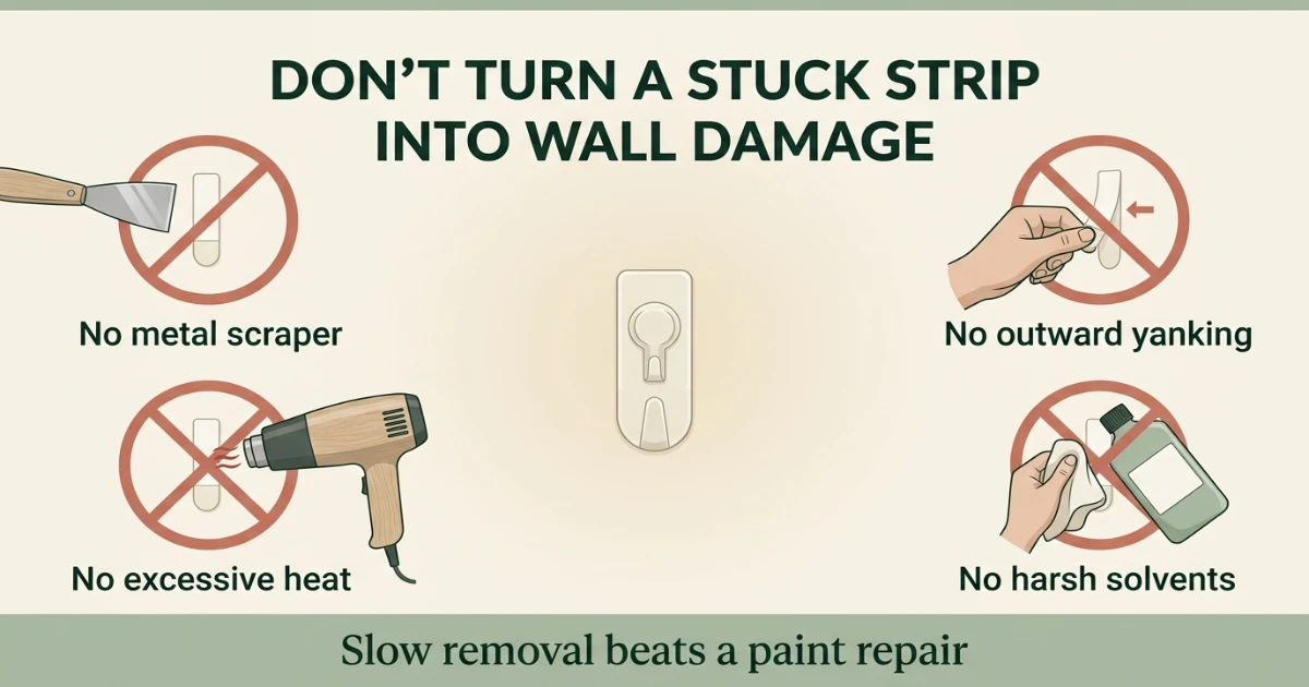 A metal scraper positioned near a Command strip on a painted wall showing a removal method to avoid