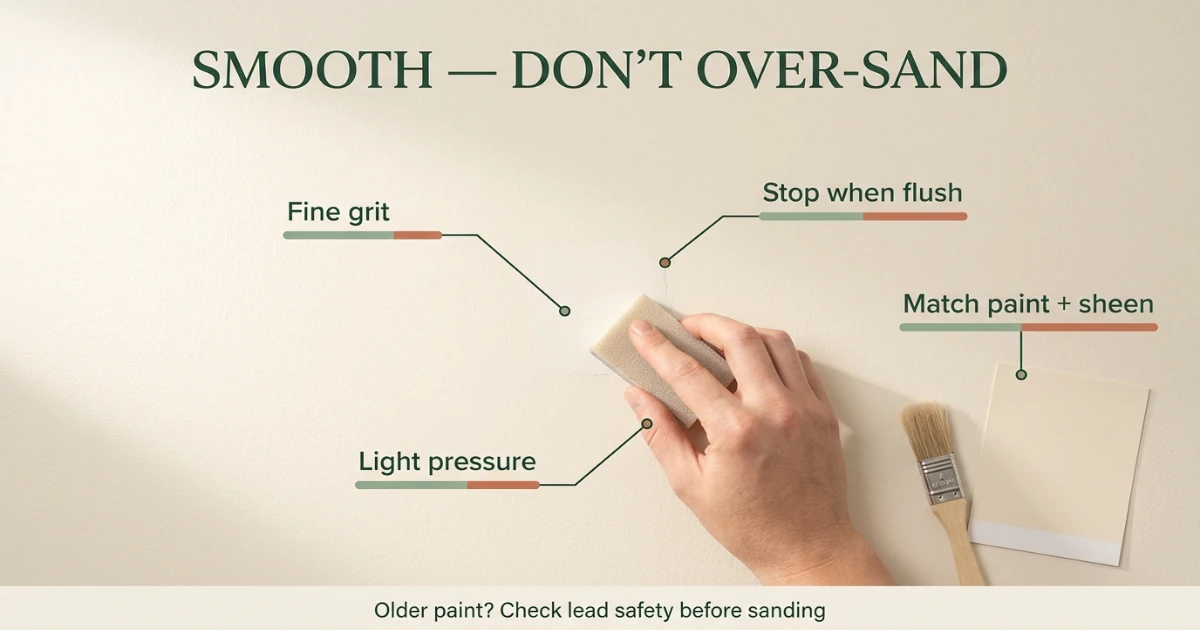 Renter gently sanding a dried spackle patch before paint touch-up in an apartment