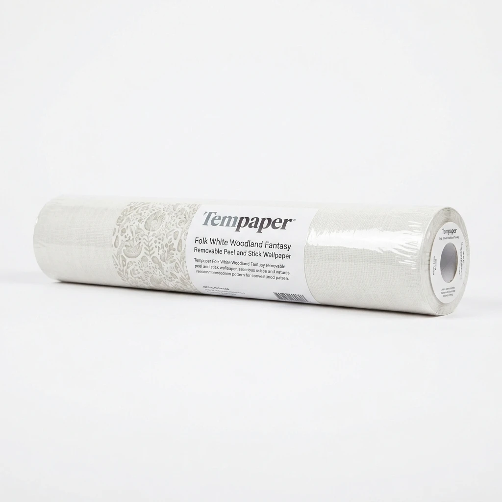 Tempaper Folk White Woodland Fantasy removable peel and stick wallpaper roll with cream and white botanical pattern