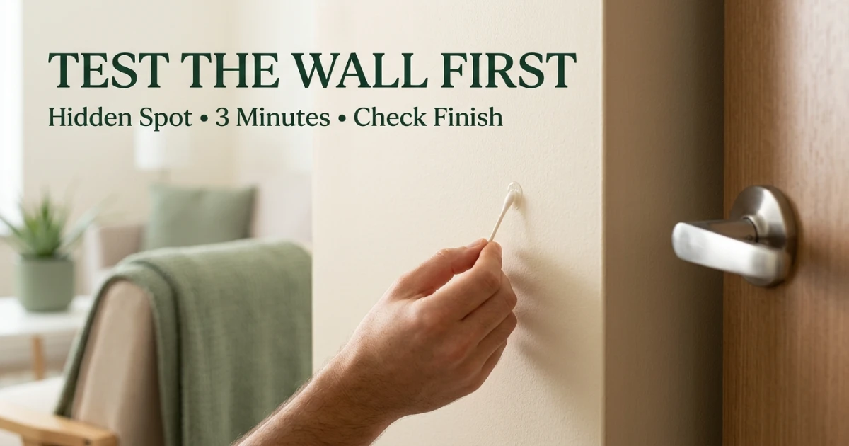 Close-up of a renter testing adhesive remover on a hidden corner of a painted apartment wall before full removal.
