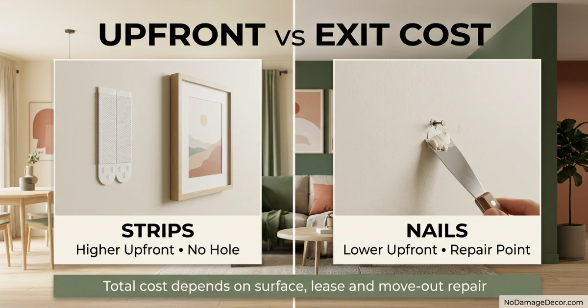 Split comparison of removable picture hanging strips and a small nail hole repair on a rental wall