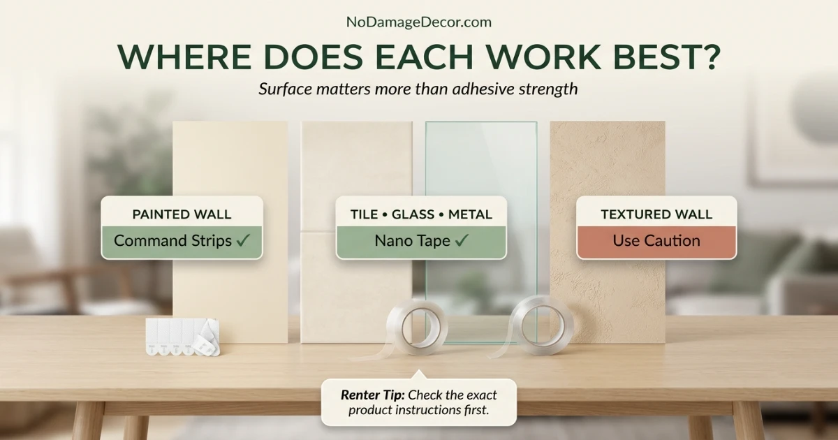 Renter comparing adhesive options on painted drywall, tile, glass and textured wall samples