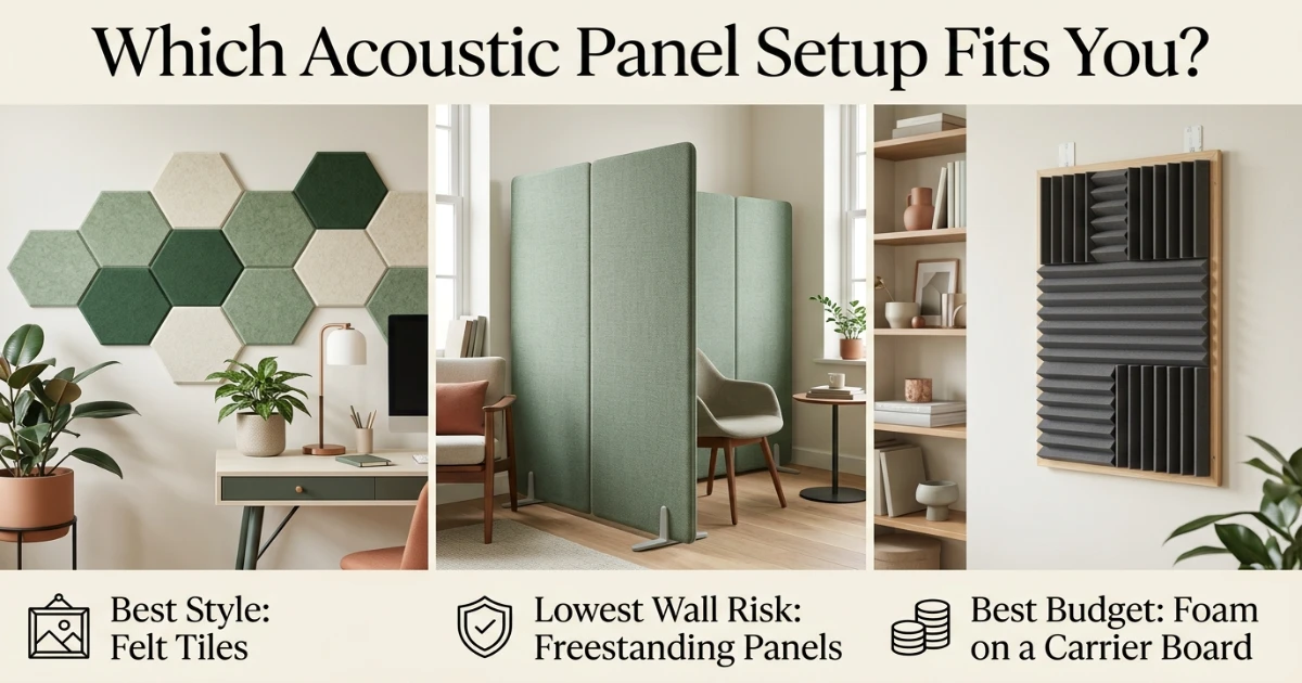 Comparison of felt tiles, freestanding acoustic panels and foam carrier-board setups for renters