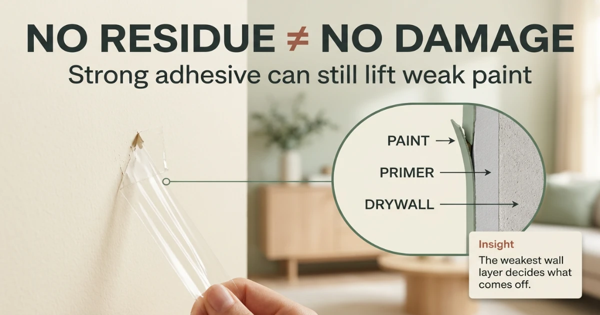 Small paint lift on a rental wall illustrating the removal risk of very strong gel tape