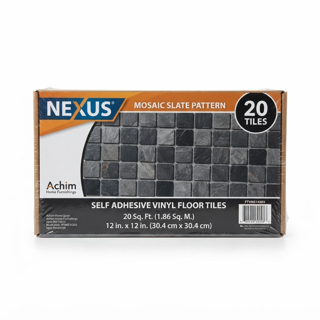 Achim Nexus Mosaic Slate self-adhesive 12-inch vinyl floor tiles in original product packaging