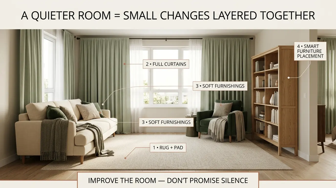 Soft furnishings and freestanding furniture used for renter-conscious apartment sound absorption