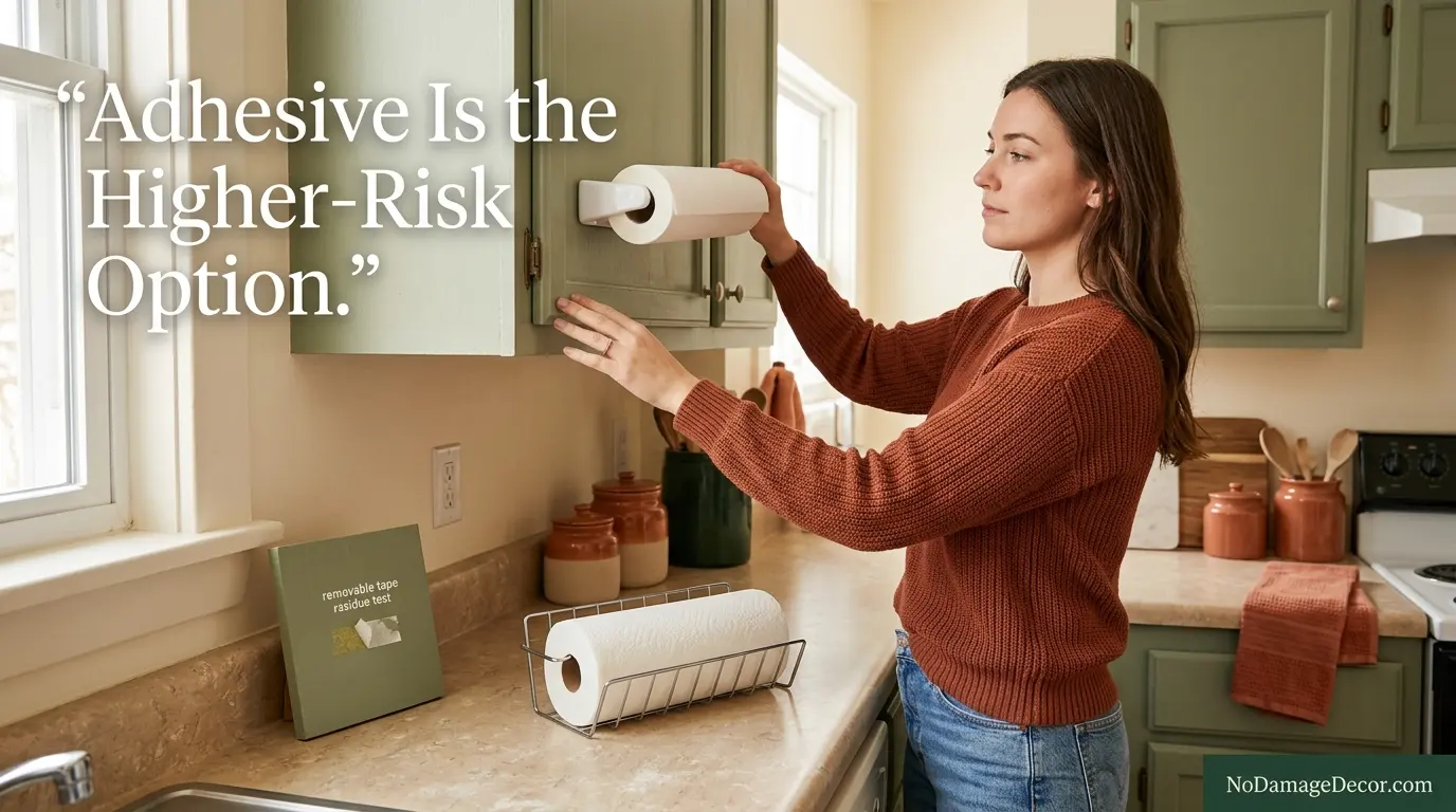 Renter comparing an adhesive paper towel holder with a removable no-contact alternative