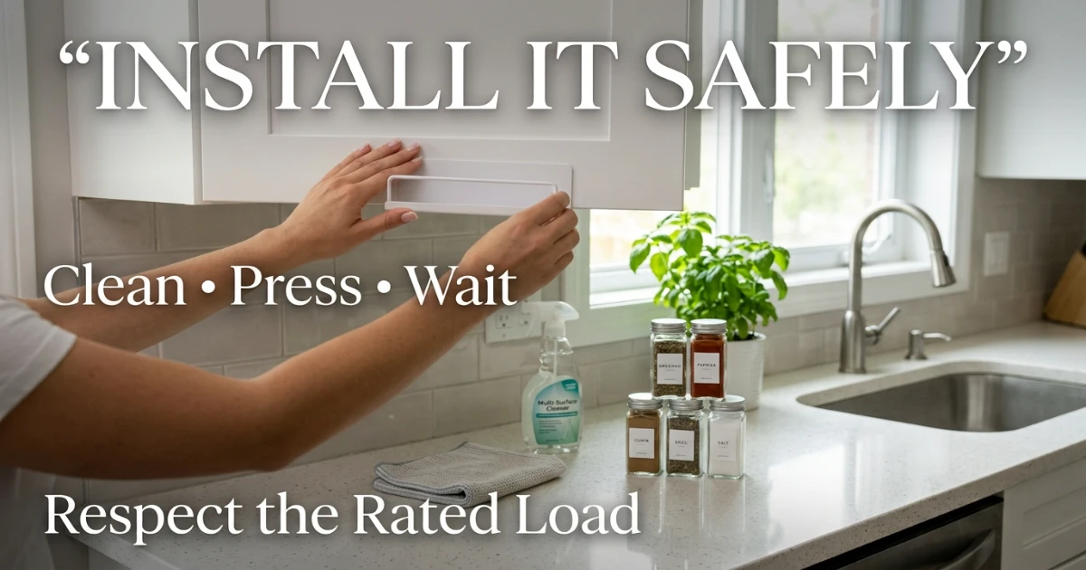 Hands pressing an adhesive-backed spice rack onto a clean painted cabinet door in a rental kitchen
