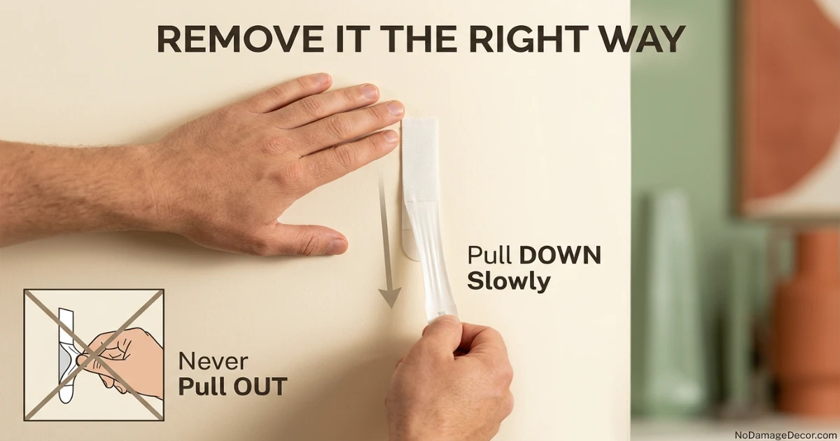 Person slowly stretching an adhesive strip downward to remove it from a painted rental wall