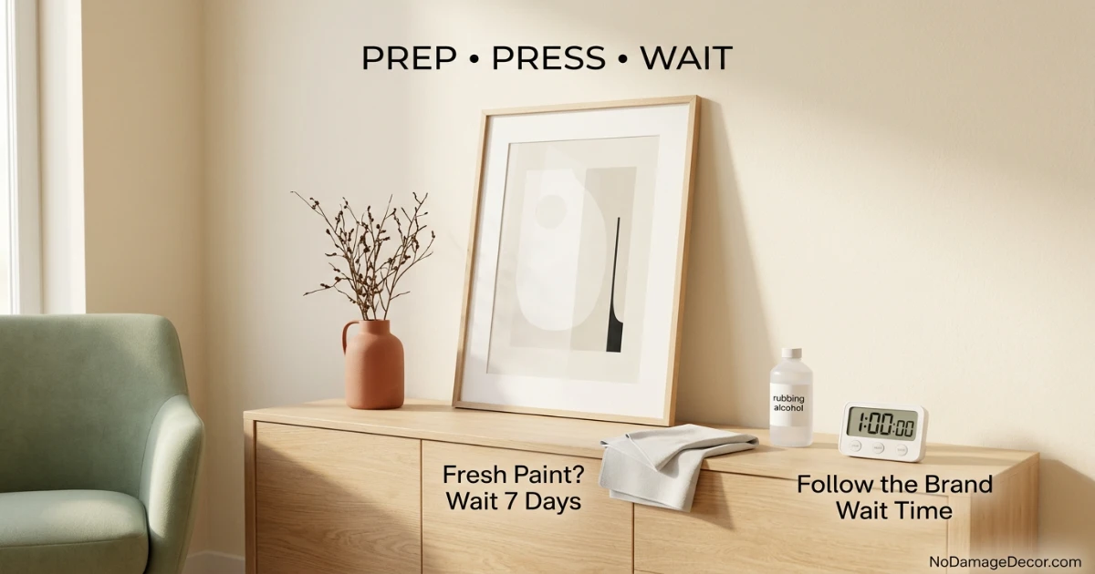 Hand pressing an adhesive strip onto a smooth painted rental wall next to a textured wallpaper swatch