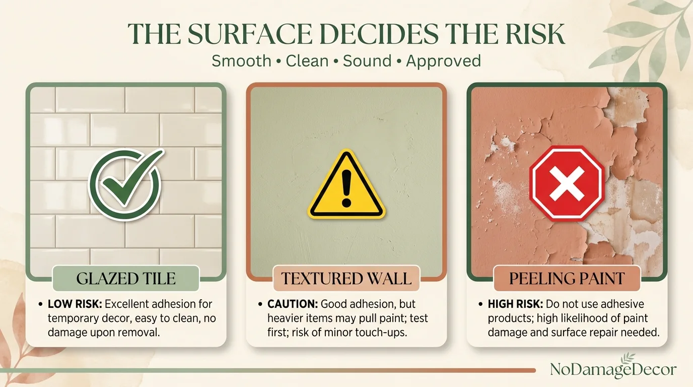 Smooth tile backsplash compared with textured paint and weak finish for removable adhesive towel bar use.