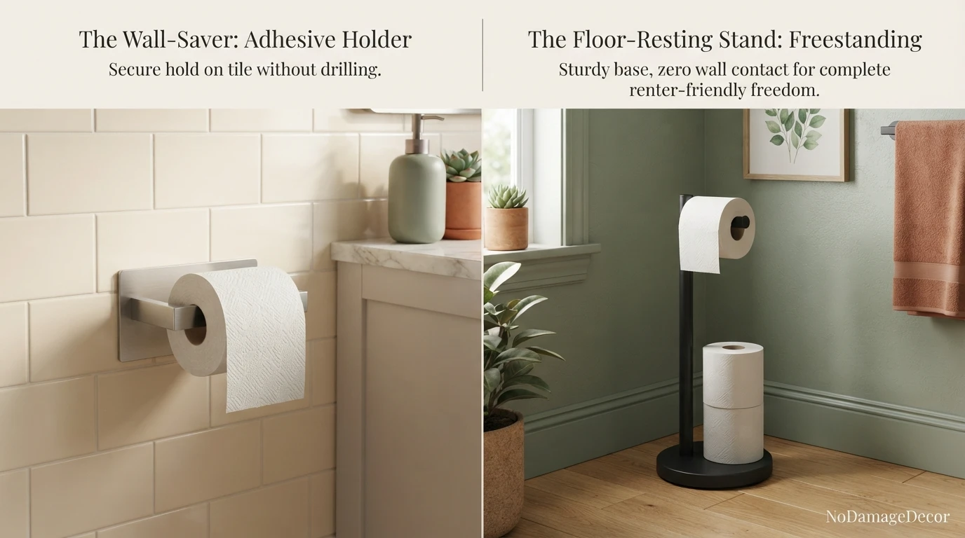 Adhesive wall-mounted and freestanding toilet paper holders compared in a rental bathroom