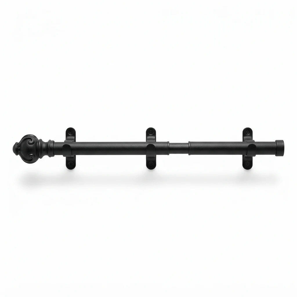 Amazon Basics adjustable black spring tension curtain rod 36 to 54 inches on a white background.