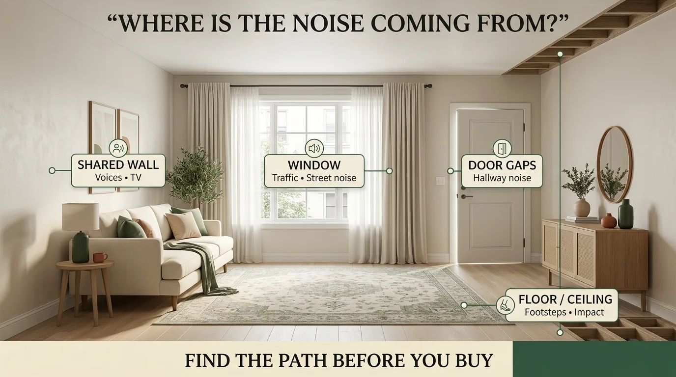 Apartment layout showing renter-friendly sound control zones near a shared wall, floor and window