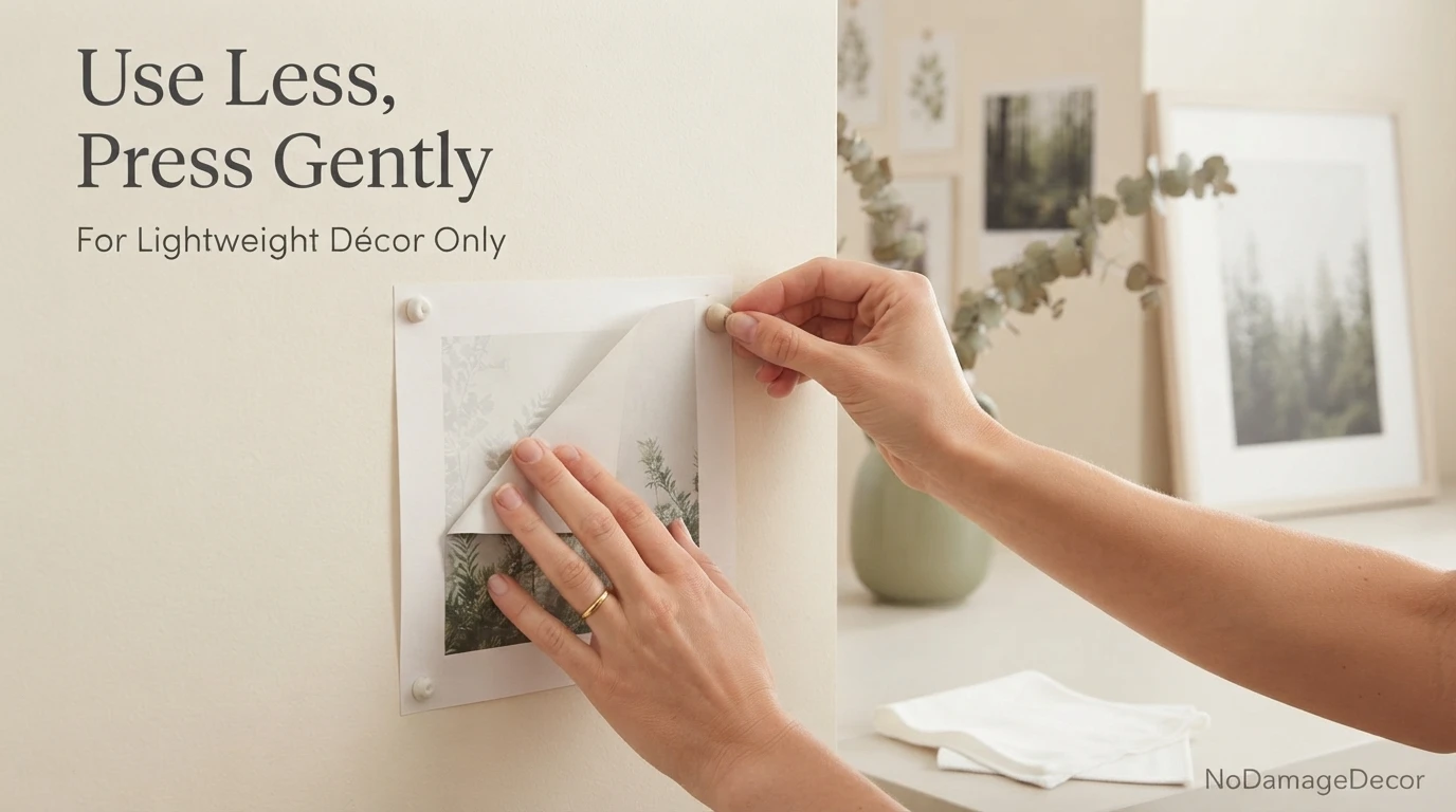 Renter applying small pieces of mounting putty to a lightweight poster on a clean dry wall