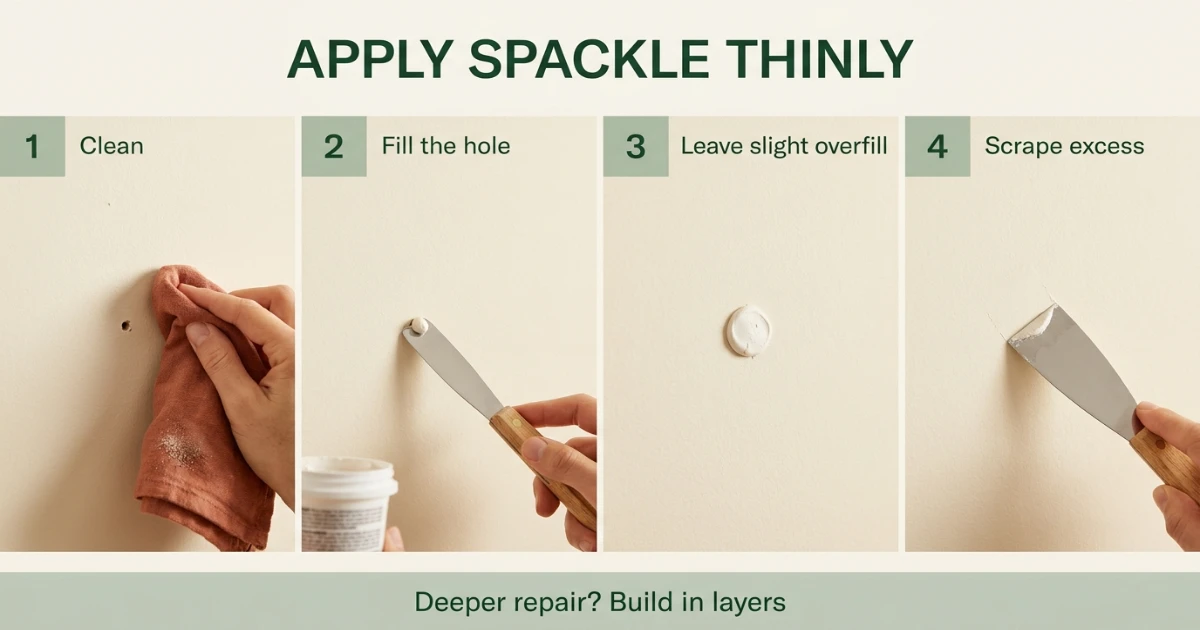 Renter applying spackle to a small nail hole with a putty knife, smooth even stroke across cream painted drywall
