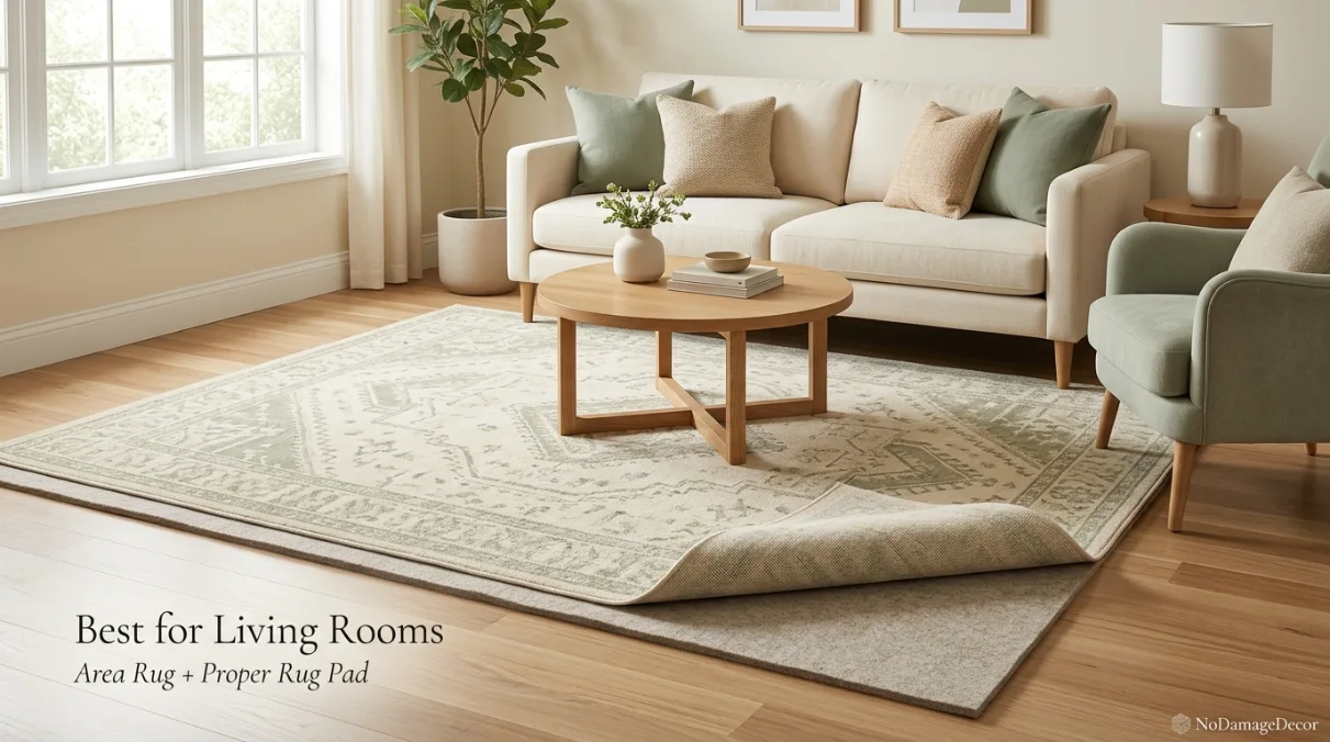 Large area rug with a non-slip rug pad protecting a rental floor