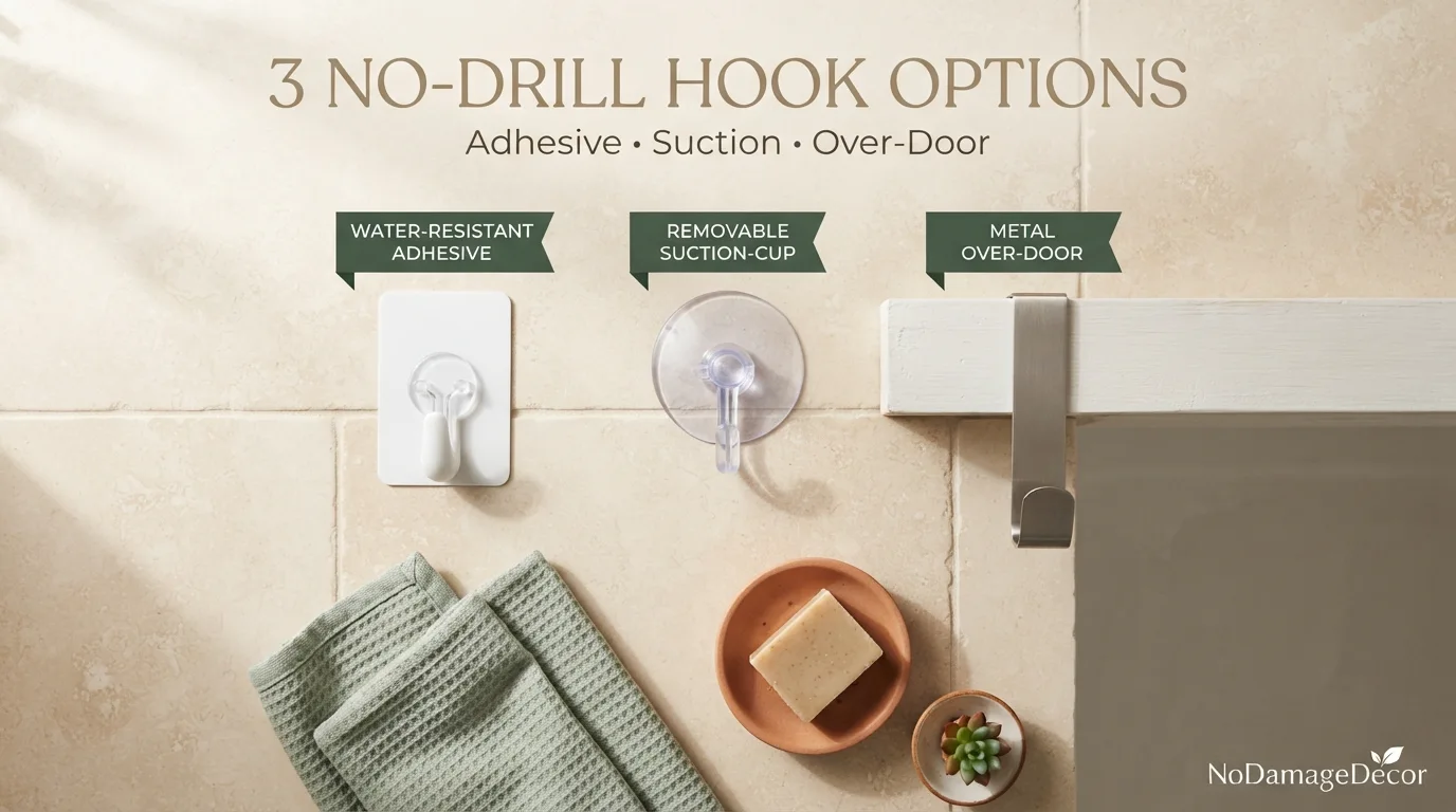 Adhesive bathroom hook, suction hook and over-door hook compared for a rental bathroom.
