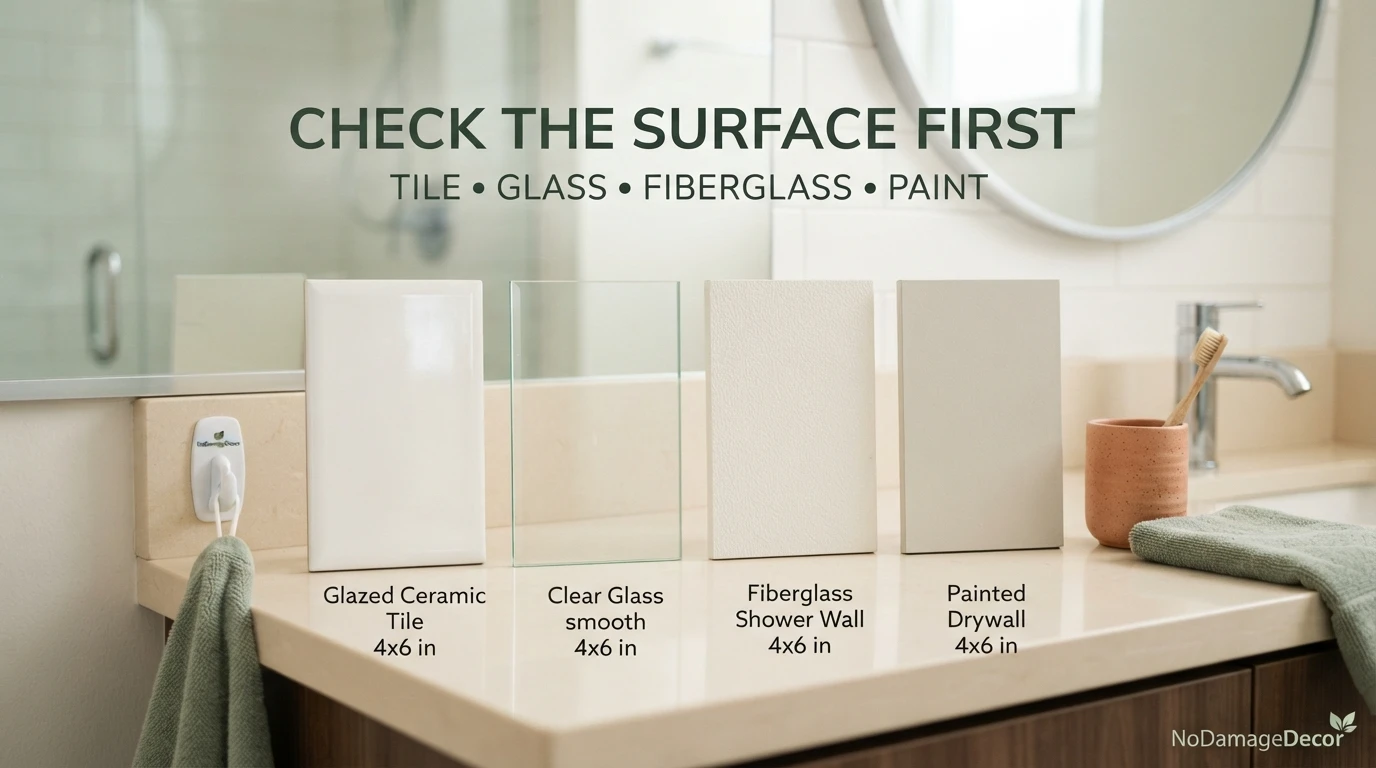 Tile, glass, fiberglass and painted bathroom surfaces compared before installing no-drill hooks.