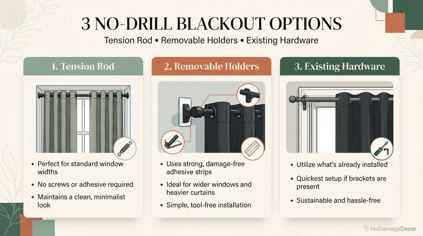 Tension rod, Command curtain rod hooks and existing curtain hardware compared for a renter bedroom.