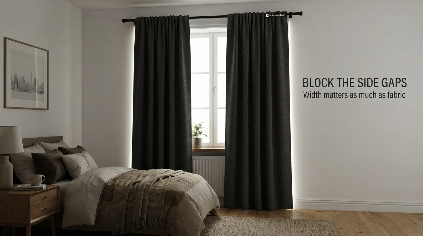Blackout curtain pulled wider beyond the window edges to reduce side light gaps in a rental bedroom.