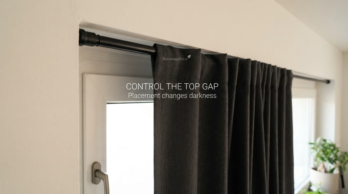 Blackout curtains mounted close to the top of a rental bedroom window to reduce light leakage.