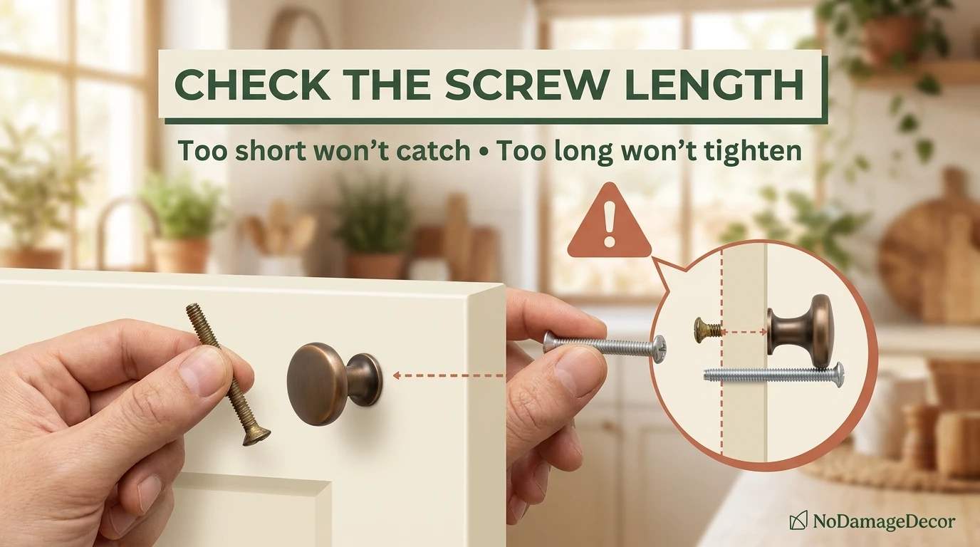 Renter checking replacement cabinet hardware screw length against the thickness of a cabinet door.