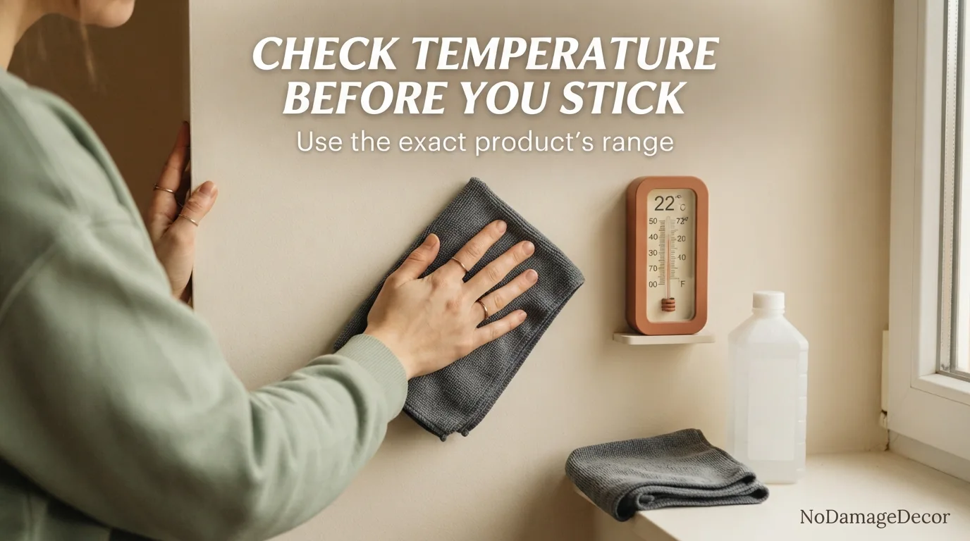 Renter checking room temperature before applying removable adhesive strips to a painted wall.