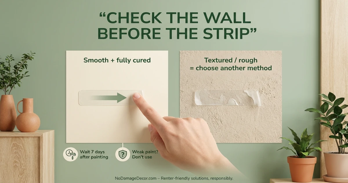 Renter inspecting a Command strip adhered to painted drywall to check surface compatibility