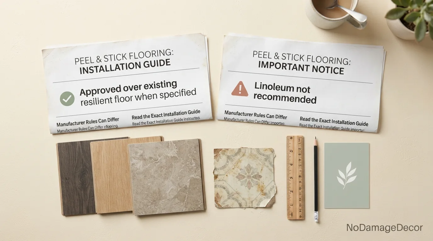 Renter comparing peel-and-stick flooring instructions for use over linoleum