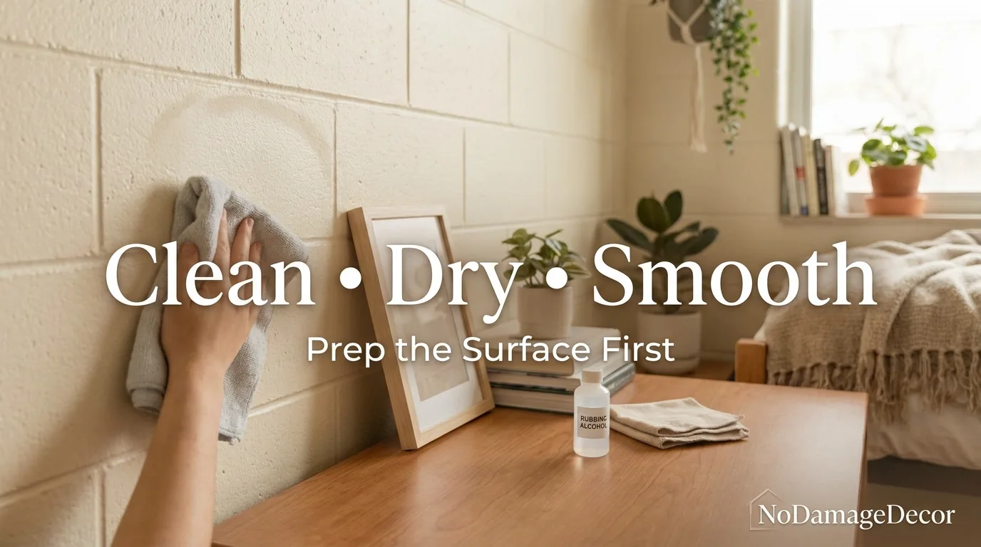 Student cleaning a smooth painted cinder block dorm wall with rubbing alcohol before applying Command strips