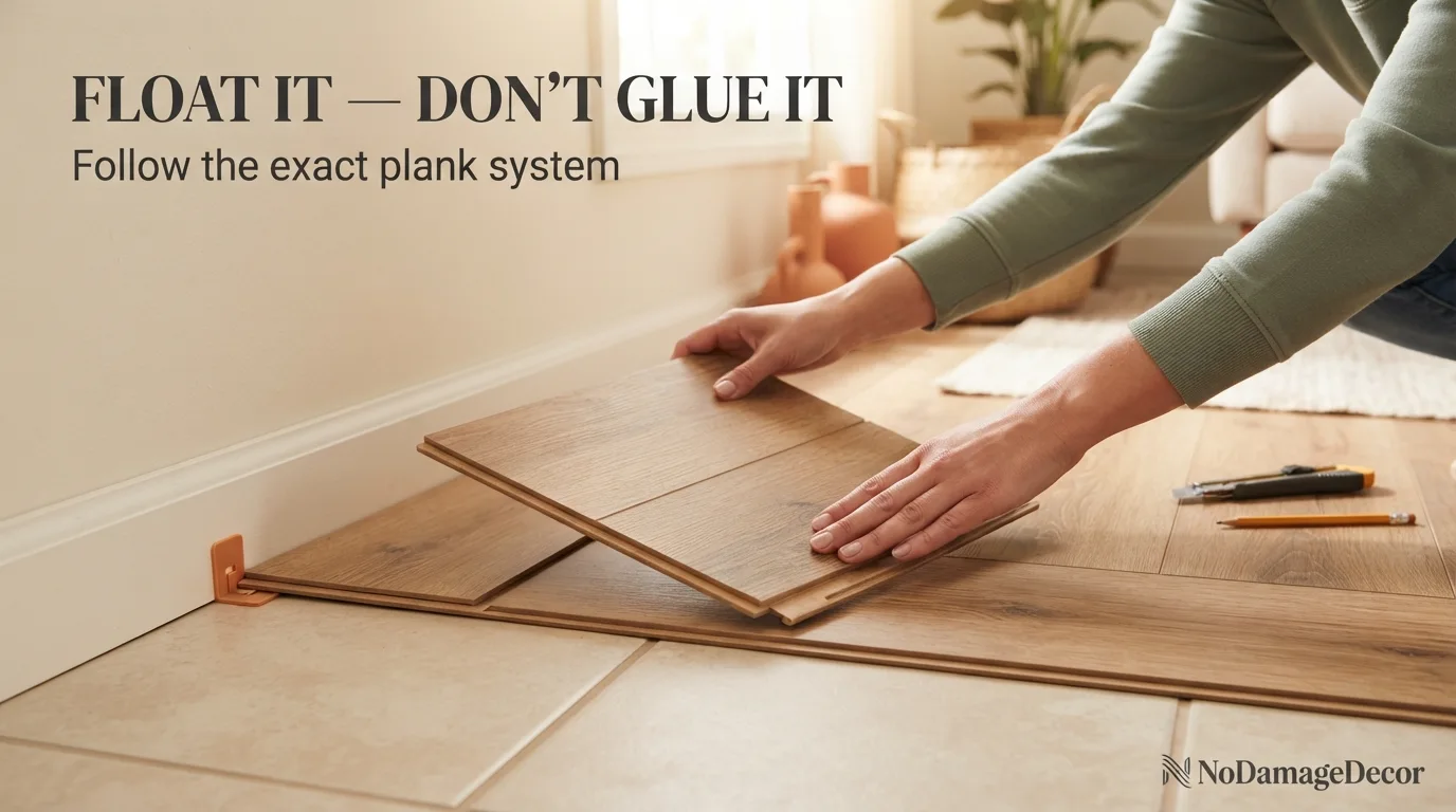 Renter joining click-lock vinyl planks over an existing hard apartment floor without adhesive.