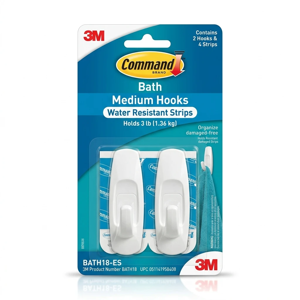 Command Bath Medium Hooks BATH18 package with water-resistant strips