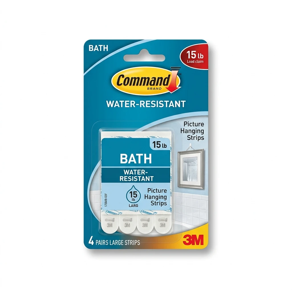 Command 15 lb White Bath Picture Hanging Strips 17206B package and strip pairs