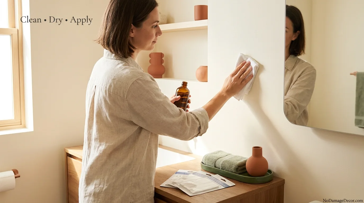 Renter cleaning a smooth bathroom surface with rubbing alcohol before applying water-resistant strips