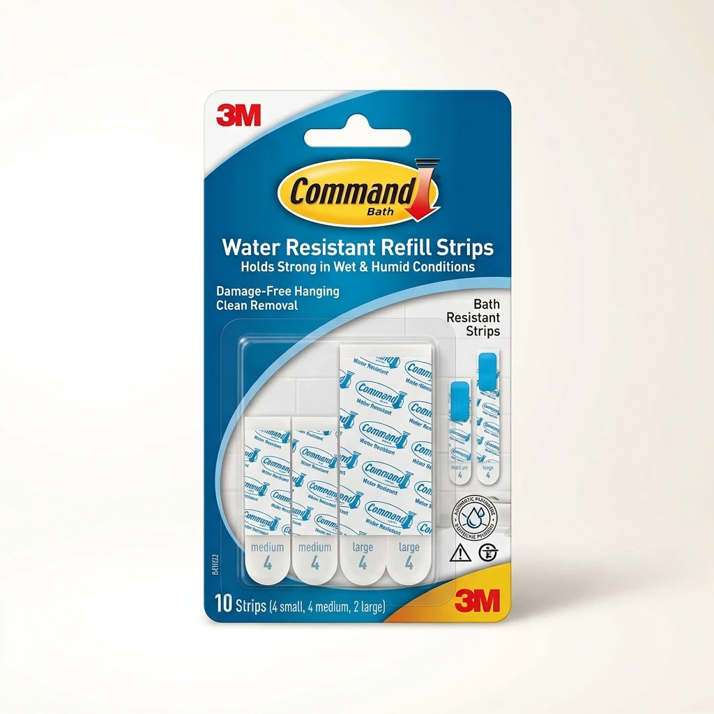 Command Bath Water Resistant Refill Strips BATH22 package with medium and large strips