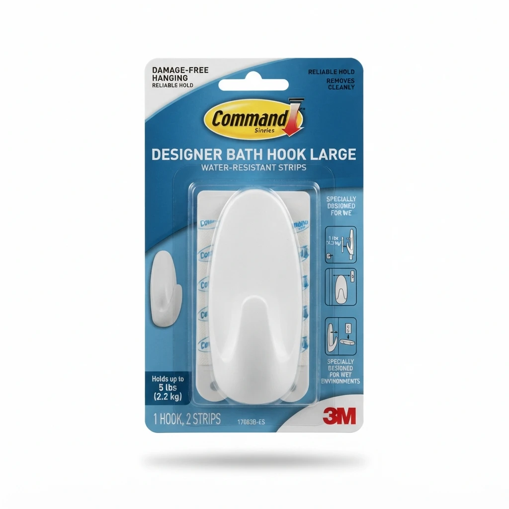 Command Designer Bath Hook Large White 17083B-ES in original retail packaging on a clean white background.