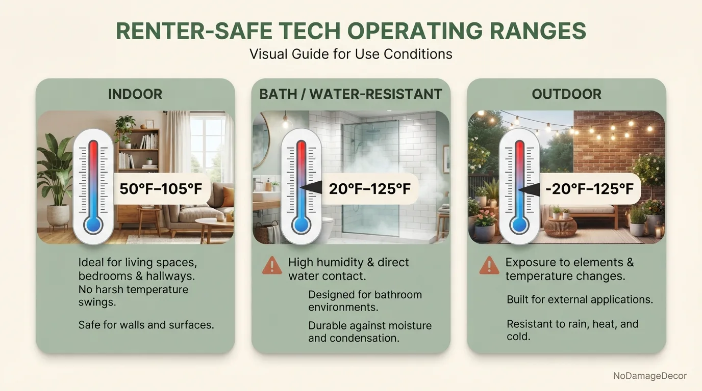 Indoor, bath and outdoor removable strip temperature ranges compared for renters.