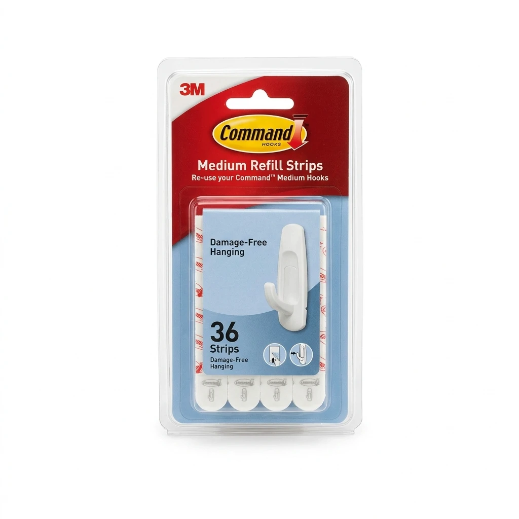 Command Indoor Medium Replacement Strips package with white adhesive strips
