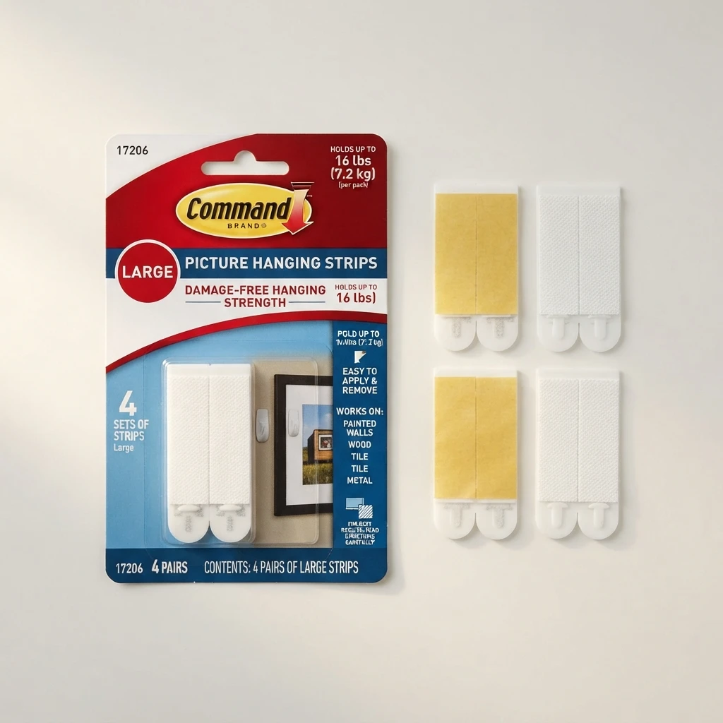 Command Large Picture Hanging Strips 17206 package and white strip pairs