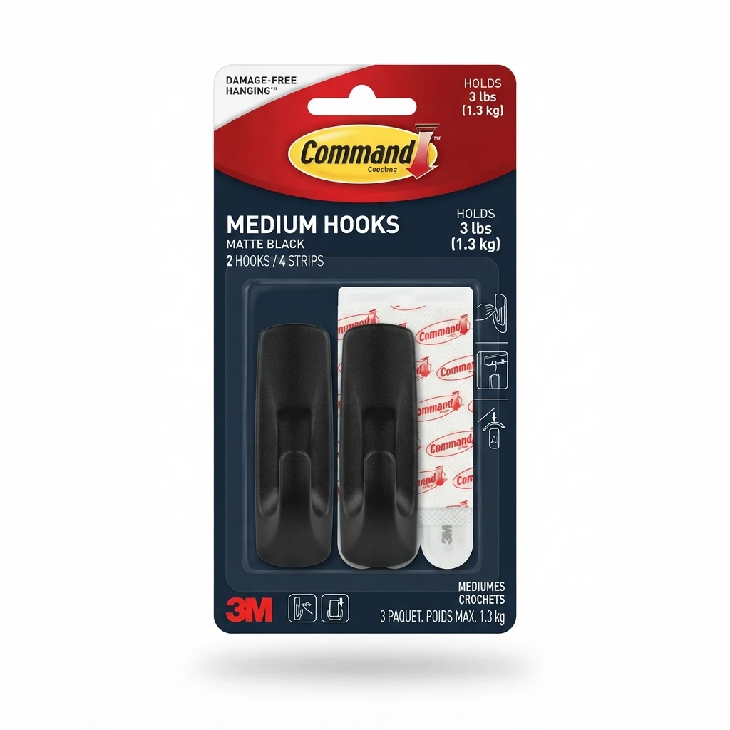 Command Matte Black Curtain Rod Hooks with adhesive strips in original retail packaging.