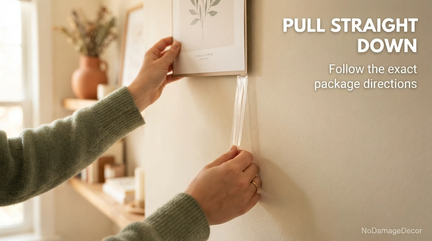 Renter slowly stretching a removable poster strip straight down along a smooth painted apartment wall.