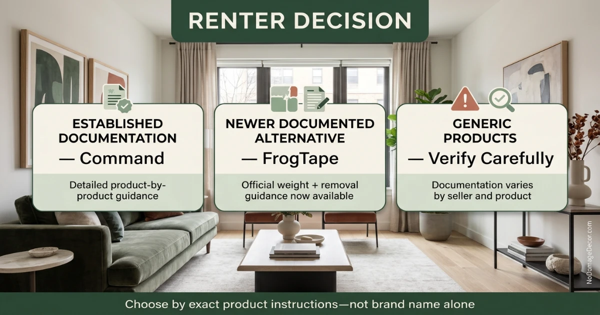 Two different brands of adhesive strips and hooks displayed side by side on a light wood table