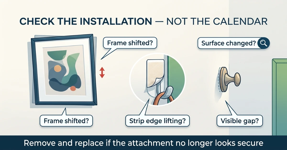 Analytical renter inspection graphic showing a lifting strip edge, shifting frame and visible separation from the wall