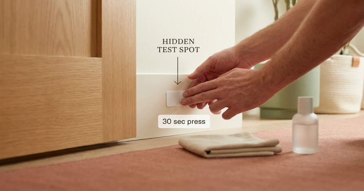 A small Command test strip applied to a hidden area behind a door in an apartment for adhesion testing